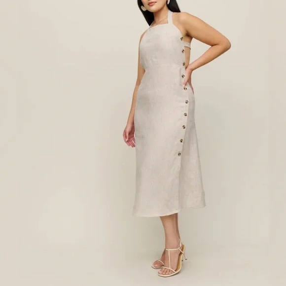 Reformation Beige Halter Midi Dress with Side Buttons - Picture 6 of 10